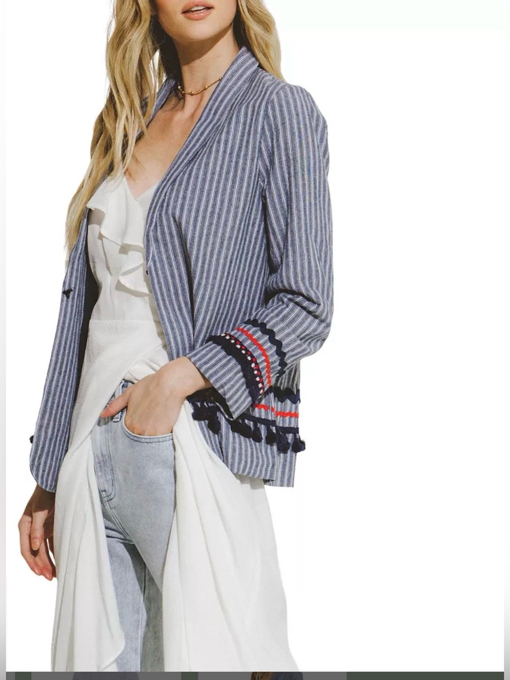 NWT Free the Roses Striped Navy Jacket with tassels
